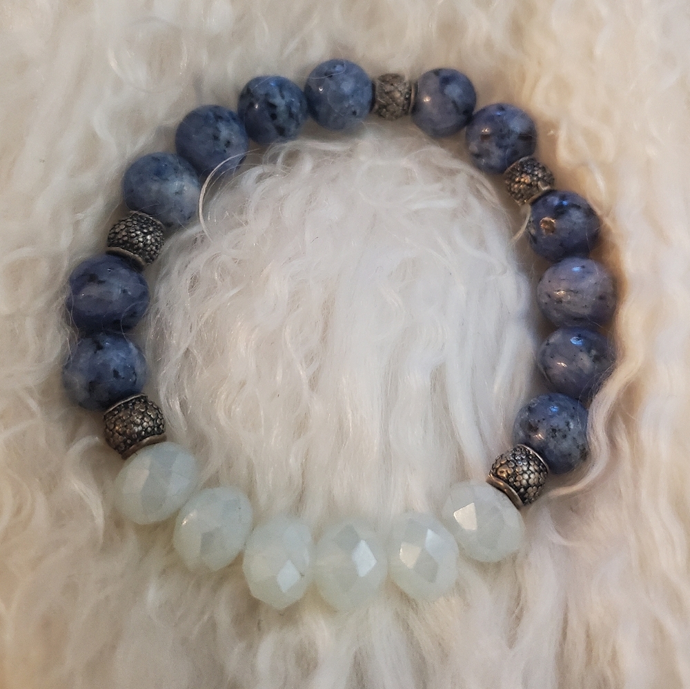 Natural Gem Stone, Blue Agate/Cyanite & Moonstone Beaded Bracelet